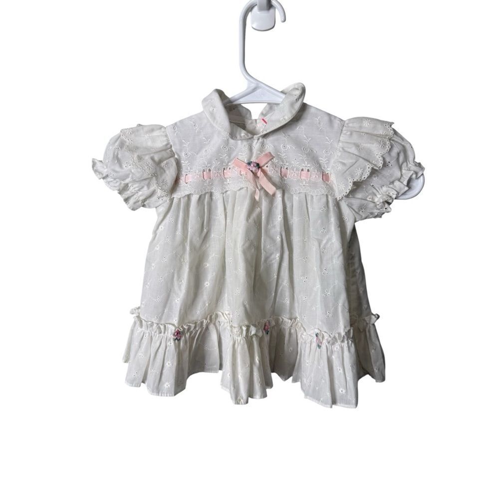 Vintage White Eyelet Lace Baby Dress 24 Months Pink Ribbon Floral